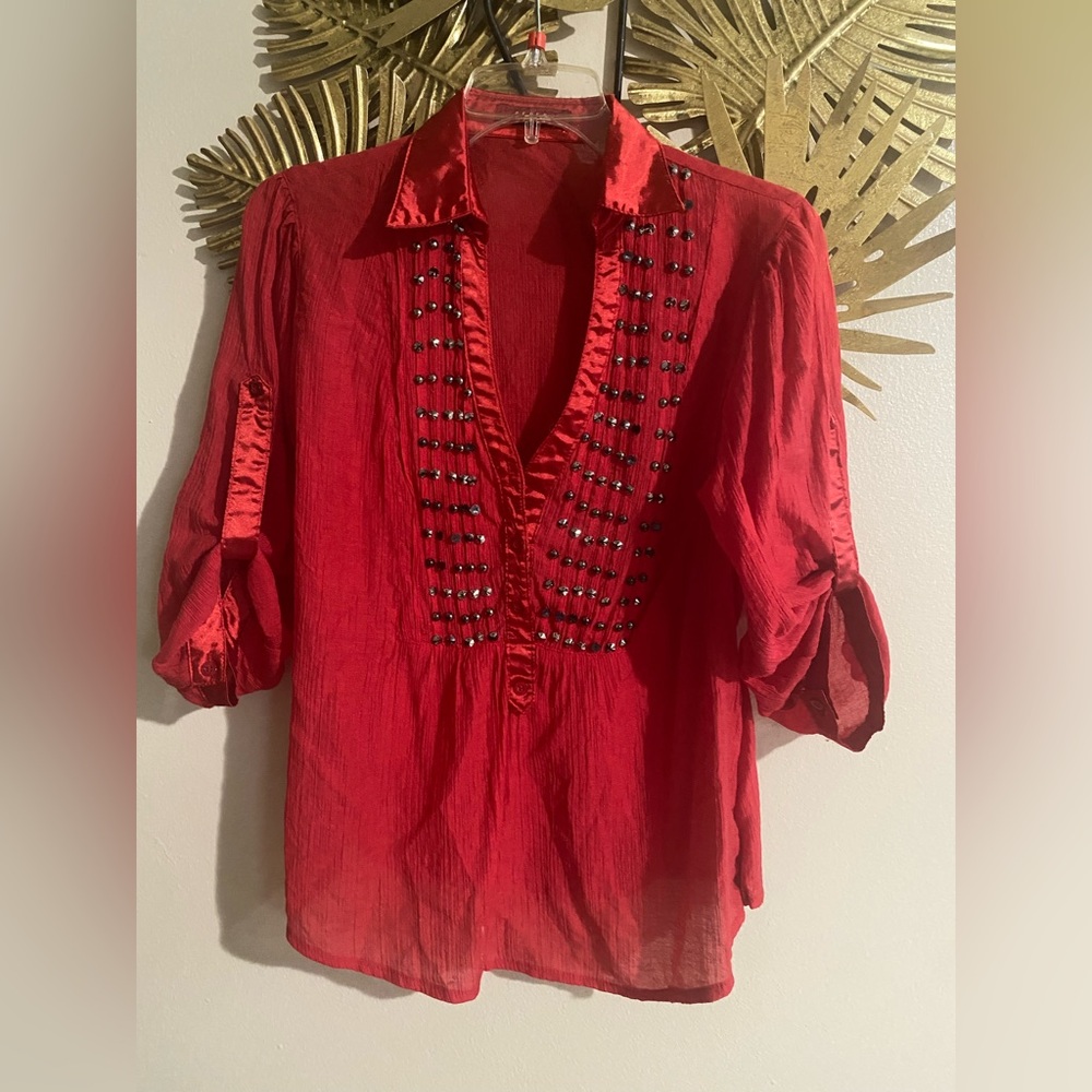 Elegant Red Beaded Women's Blouse